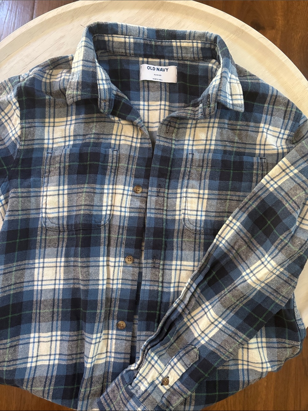 Old Navy Blue and White Plaid Flannel Button-Down Shirt
